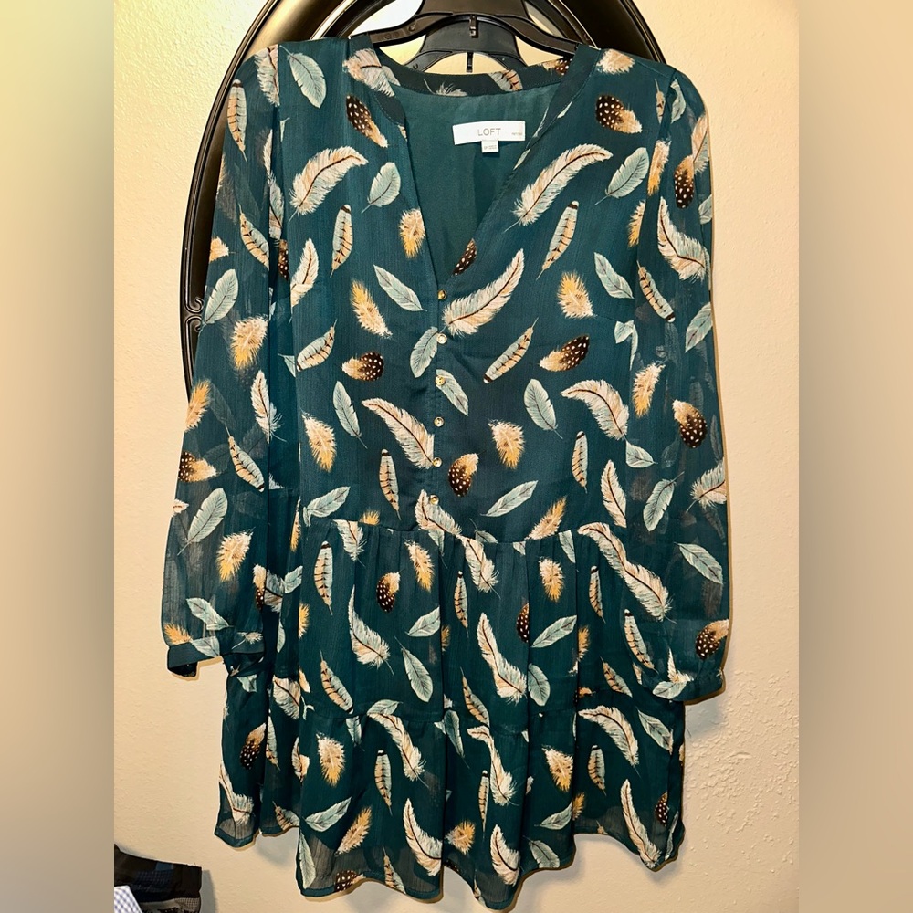 LOFT Teal Feather Pattern dress